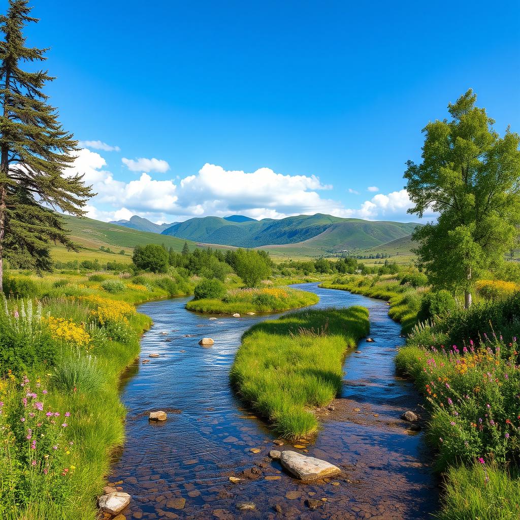 A winding river path meandering through a lush green landscape, with crystal clear water reflecting the vibrant colors of the surrounding nature