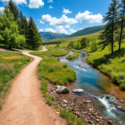 A winding river path meandering through a lush green landscape, with crystal clear water reflecting the vibrant colors of the surrounding nature