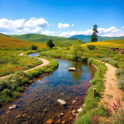 A winding river path meandering through a lush green landscape, with crystal clear water reflecting the vibrant colors of the surrounding nature