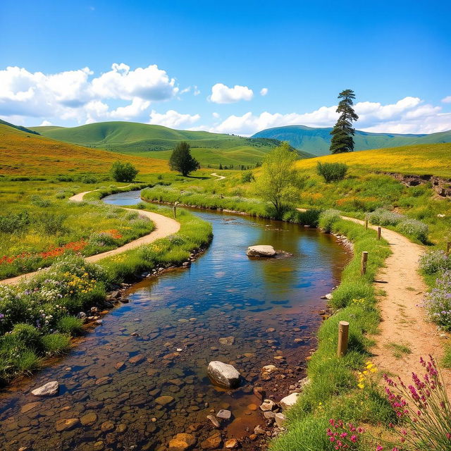 A winding river path meandering through a lush green landscape, with crystal clear water reflecting the vibrant colors of the surrounding nature