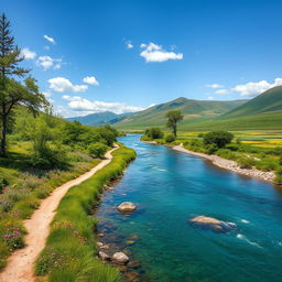 A winding river path meandering through a lush green landscape, with crystal clear water reflecting the vibrant colors of the surrounding nature
