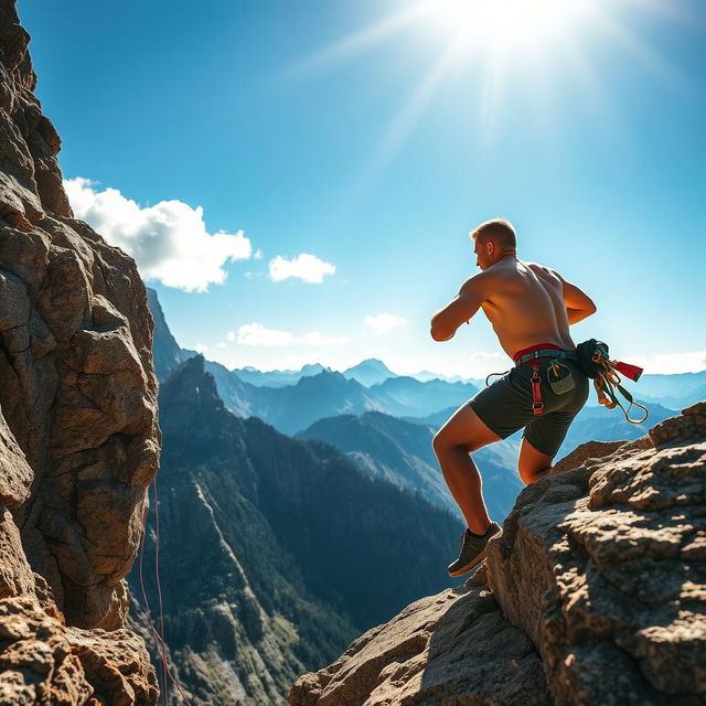 A man skillfully climbing a steep rock face, showcasing his determination and strength