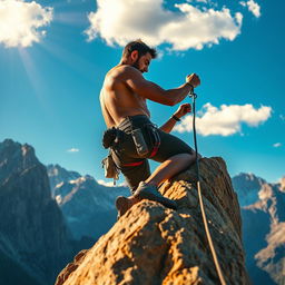 A man skillfully climbing a steep rock face, showcasing his determination and strength