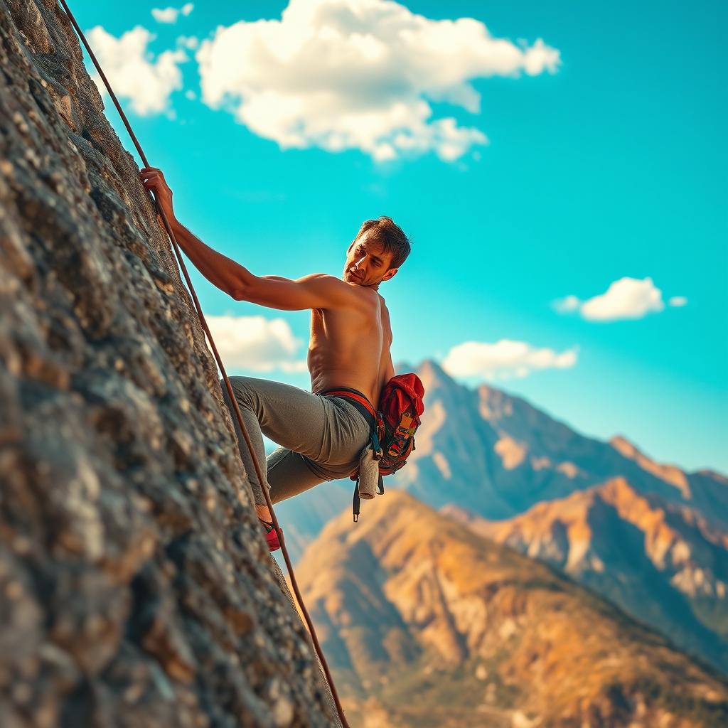 A man skillfully climbing a steep rock face, showcasing his determination and strength