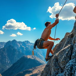 A man skillfully climbing a steep rock face, showcasing his determination and strength