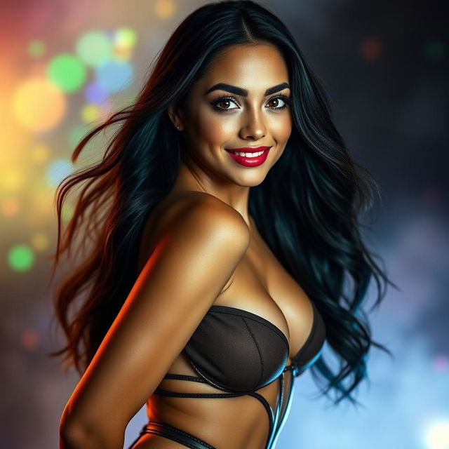 A stunningly attractive young woman with an alluring smile, long flowing dark hair cascading down her shoulders, wearing a revealing and sexy outfit that accentuates her curves