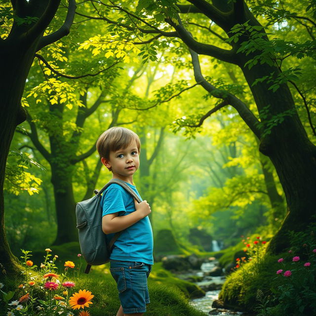 A young boy exploring a dense, mystical forest, surrounded by towering trees with vibrant green leaves, dappled sunlight shining through the branches, creating a magical atmosphere