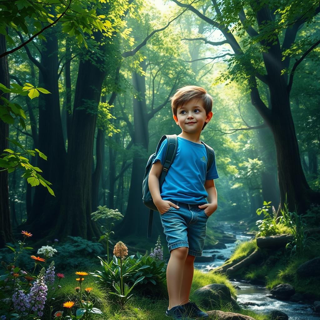 A young boy exploring a dense, mystical forest, surrounded by towering trees with vibrant green leaves, dappled sunlight shining through the branches, creating a magical atmosphere