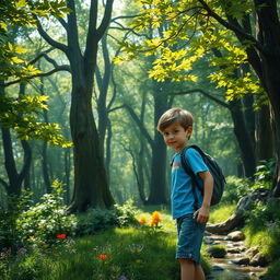 A young boy exploring a dense, mystical forest, surrounded by towering trees with vibrant green leaves, dappled sunlight shining through the branches, creating a magical atmosphere