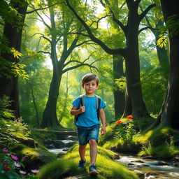 A young boy exploring a dense, mystical forest, surrounded by towering trees with vibrant green leaves, dappled sunlight shining through the branches, creating a magical atmosphere