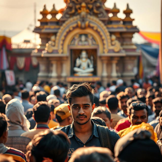 A photo featuring a crowded scene with a prominent focus on an individual standing out among the crowd