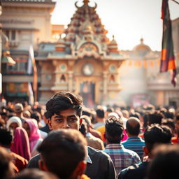 A photo featuring a crowded scene with a prominent focus on an individual standing out among the crowd