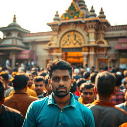 A photo featuring a crowded scene with a prominent focus on an individual standing out among the crowd