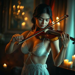 A stunning scene featuring a woman playing the violin, deeply immersed in her music