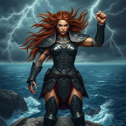 A powerful and fearless female warrior standing triumphantly on a rocky cliff overlooking a vast, stormy ocean