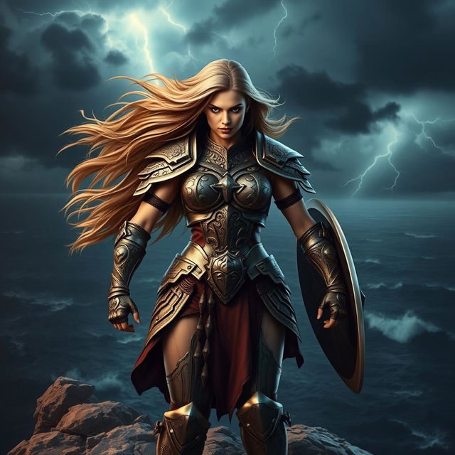 A powerful and fearless female warrior standing triumphantly on a rocky cliff overlooking a vast, stormy ocean