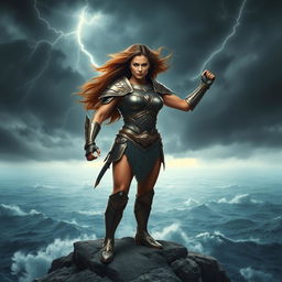 A powerful and fearless female warrior standing triumphantly on a rocky cliff overlooking a vast, stormy ocean