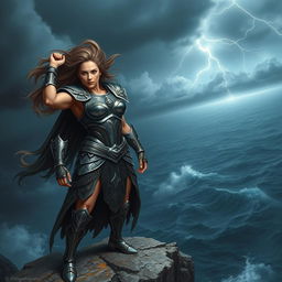 A powerful and fearless female warrior standing triumphantly on a rocky cliff overlooking a vast, stormy ocean