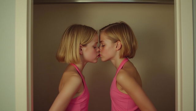 A photograph of two tween girls in an empty closet, facing each other closely