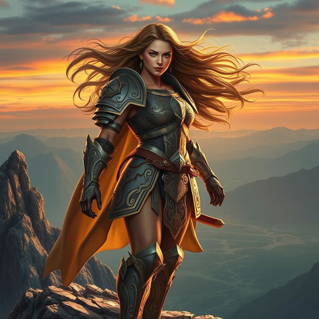 A powerful and fearless figure, a majestic female warrior, with a confident stance and a spirited expression