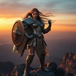 A powerful and fearless figure, a majestic female warrior, with a confident stance and a spirited expression