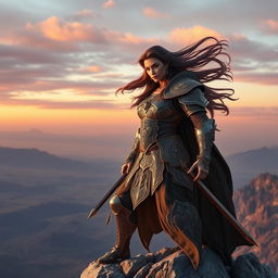 A powerful and fearless figure, a majestic female warrior, with a confident stance and a spirited expression