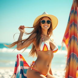 A beautiful woman on a sunny beach setting, wearing a stylish bikini