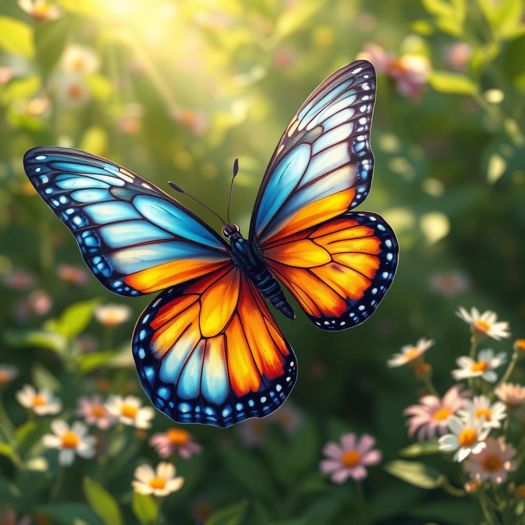 A beautifully detailed illustration of a vibrant flying butterfly with intricate wing patterns