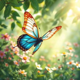 A beautifully detailed illustration of a vibrant flying butterfly with intricate wing patterns