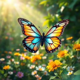 A beautifully detailed illustration of a vibrant flying butterfly with intricate wing patterns