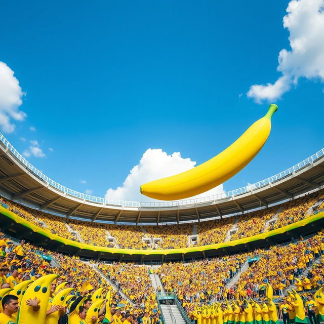 A vibrant and colorful stadium themed with bananas, featuring large banana-shaped structures, bright yellow and green decorations, and banana motifs throughout the design