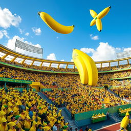 A vibrant and colorful stadium themed with bananas, featuring large banana-shaped structures, bright yellow and green decorations, and banana motifs throughout the design