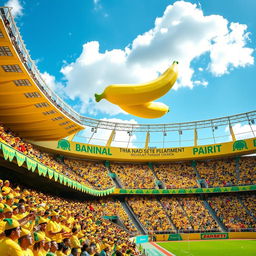 A vibrant and colorful stadium themed with bananas, featuring large banana-shaped structures, bright yellow and green decorations, and banana motifs throughout the design
