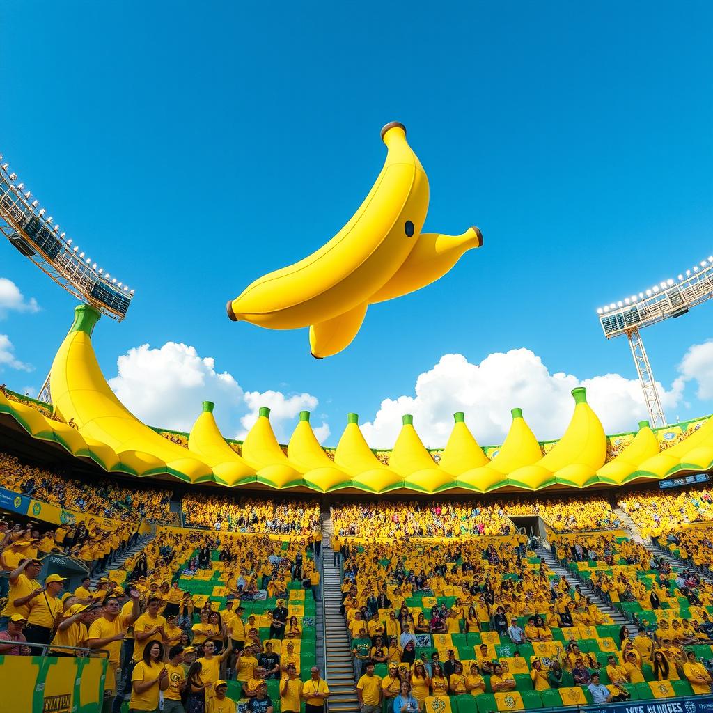 A vibrant and colorful stadium themed with bananas, featuring large banana-shaped structures, bright yellow and green decorations, and banana motifs throughout the design