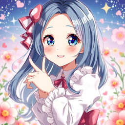 A detailed and vibrant illustration of an anime girl with expressive anime-style features, playful expression, and colorful hair