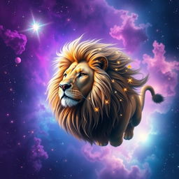 A majestic lion floating in space, surrounded by twinkling stars and colorful galaxies