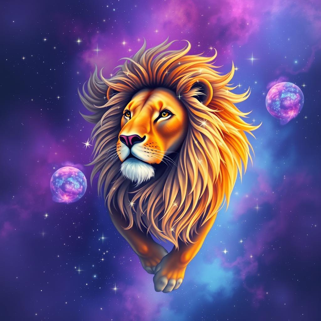 A majestic lion floating in space, surrounded by twinkling stars and colorful galaxies