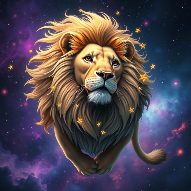 A majestic lion floating in space, surrounded by twinkling stars and colorful galaxies