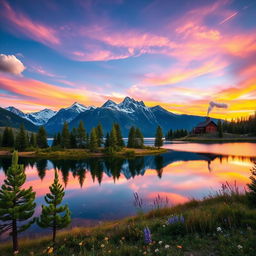 A breathtaking landscape featuring a crystal-clear lake surrounded by majestic snow-capped mountains under a vibrant sunset sky filled with hues of orange, pink, and purple