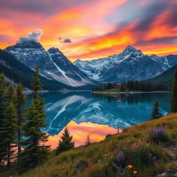 A breathtaking landscape featuring a crystal-clear lake surrounded by majestic snow-capped mountains under a vibrant sunset sky filled with hues of orange, pink, and purple