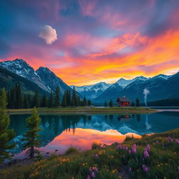 A breathtaking landscape featuring a crystal-clear lake surrounded by majestic snow-capped mountains under a vibrant sunset sky filled with hues of orange, pink, and purple