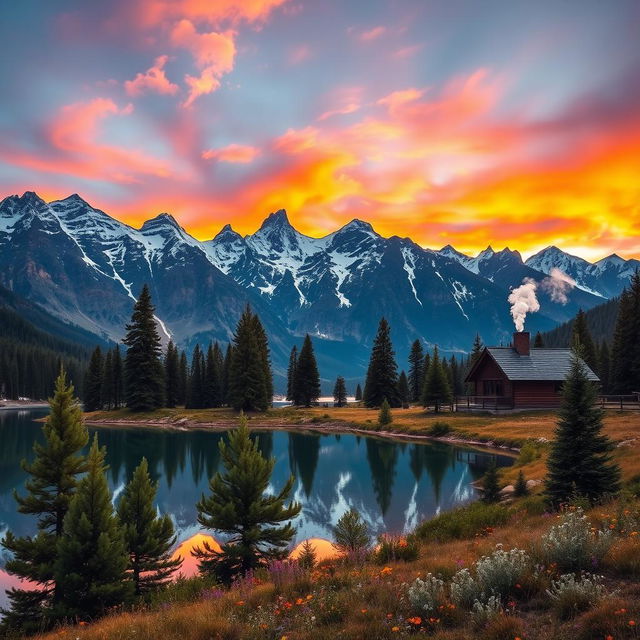 A breathtaking landscape featuring a crystal-clear lake surrounded by majestic snow-capped mountains under a vibrant sunset sky filled with hues of orange, pink, and purple