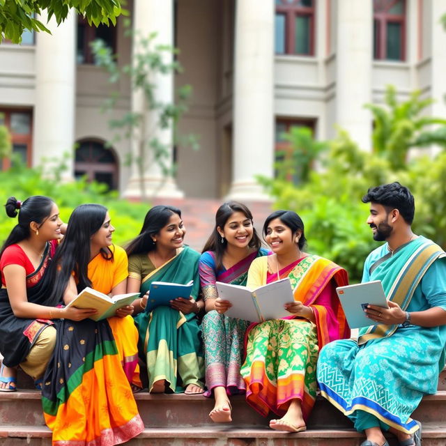 A diverse group of Indian students engaged in lively discussion, sitting on steps outside a university building