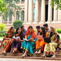 A diverse group of Indian students engaged in lively discussion, sitting on steps outside a university building