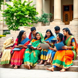A diverse group of Indian students engaged in lively discussion, sitting on steps outside a university building