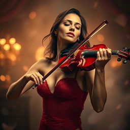 A full picture of a woman passionately playing the violin, deeply absorbed in the music