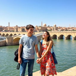 An 18-year-old boy and a happy 16-year-old girl standing next to Isfahan's iconic thirty-three bridges, smiling and enjoying their time together