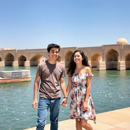 An 18-year-old boy and a happy 16-year-old girl standing next to Isfahan's iconic thirty-three bridges, smiling and enjoying their time together