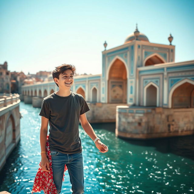 An 18-year-old boy and a happy 16-year-old girl standing next to Isfahan's iconic thirty-three bridges, smiling and enjoying their time together