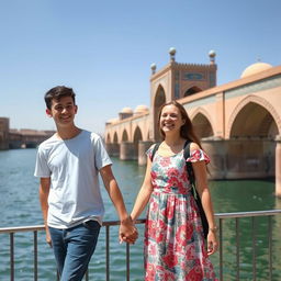 An 18-year-old boy and a happy 16-year-old girl standing next to Isfahan's iconic thirty-three bridges, smiling and enjoying their time together